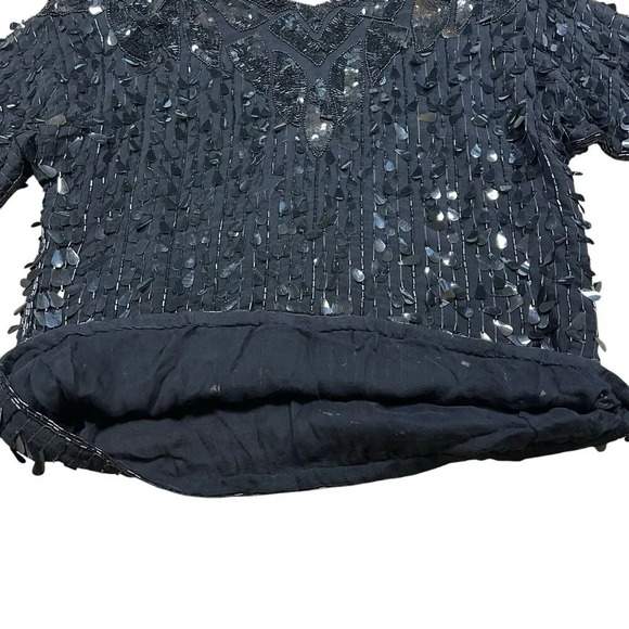 Vintage Lilli Diamond Black Sequin V Neck Silk Blouse Short Sleeve Size Medium - Picture 6 of 8